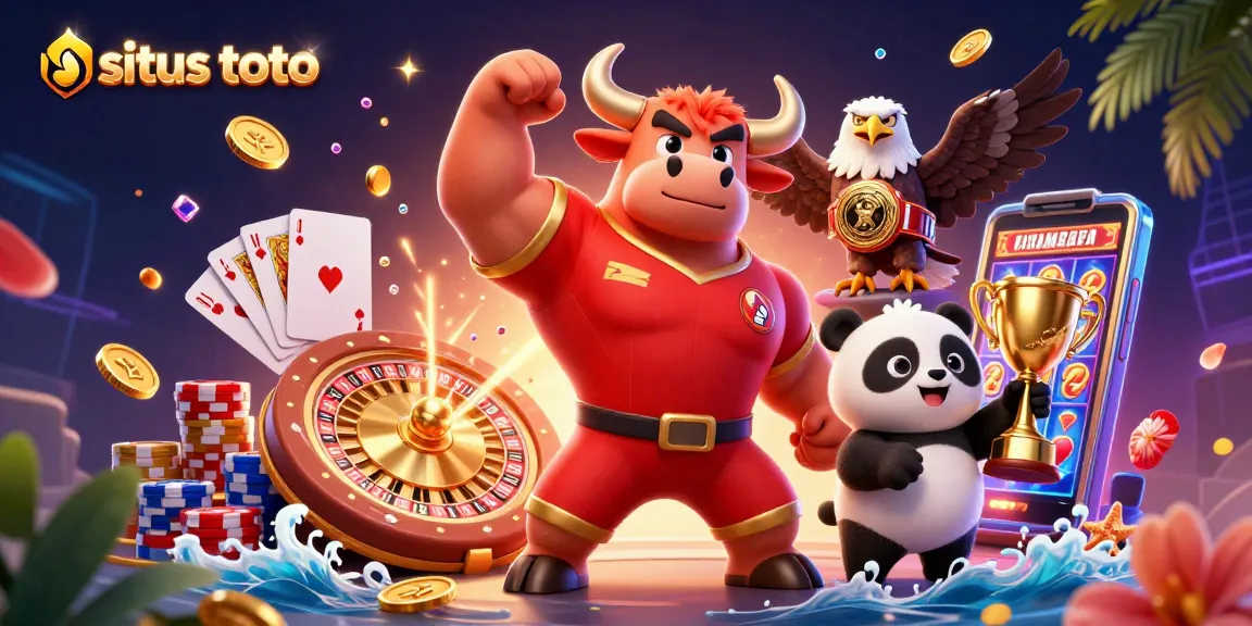 Situs toto gaming scene with a victorious bull, eagle champion, and panda trophy holder surrounded by gold coins and a roulette wheel.