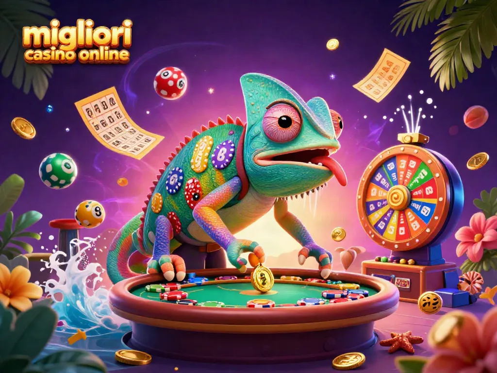 Scopri i migliori casino online con la colorata illustrazione del camaleonte del casinò.