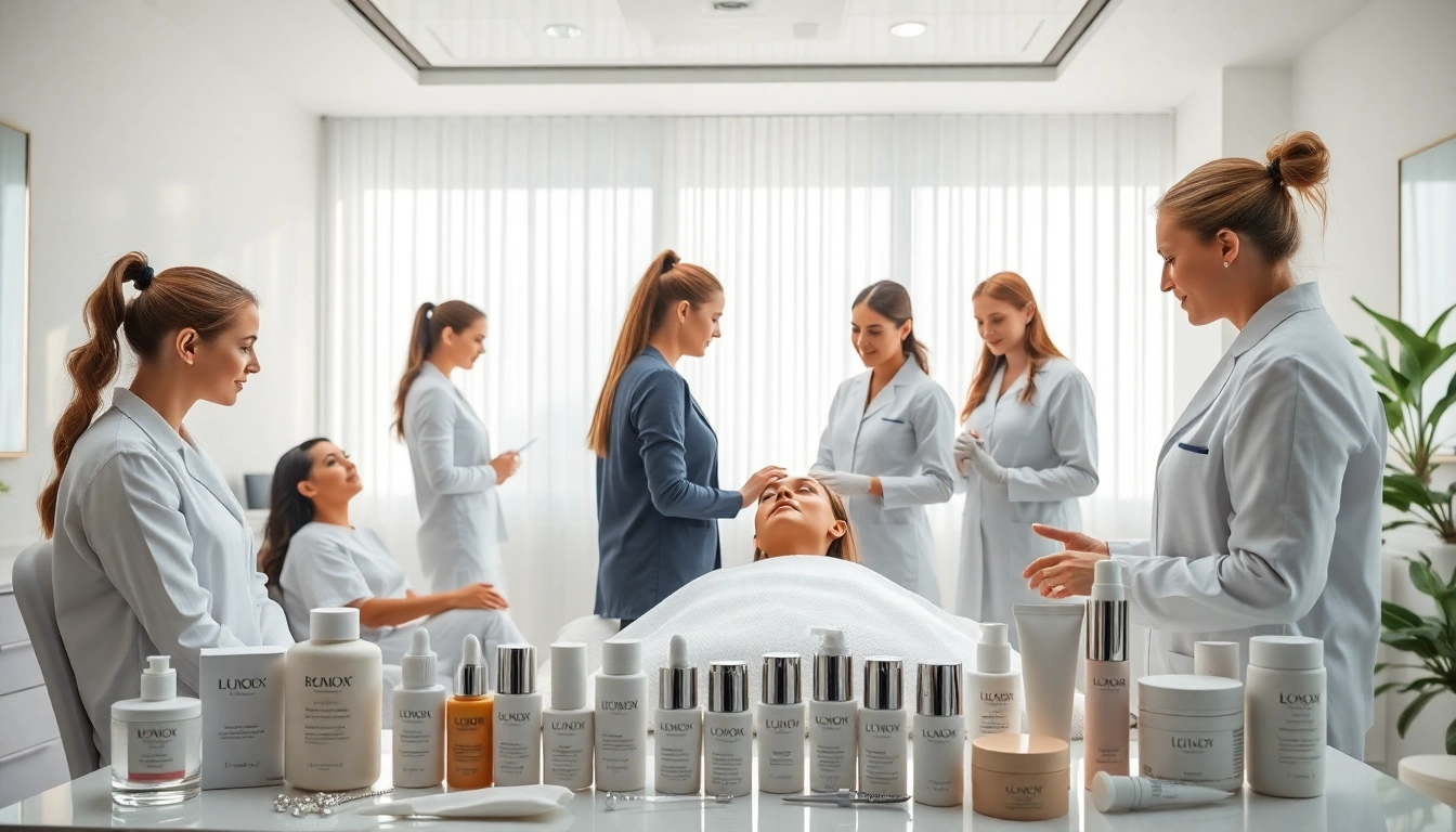 Aesthetic treatments performed by diverse professionals in a calming clinic environment.