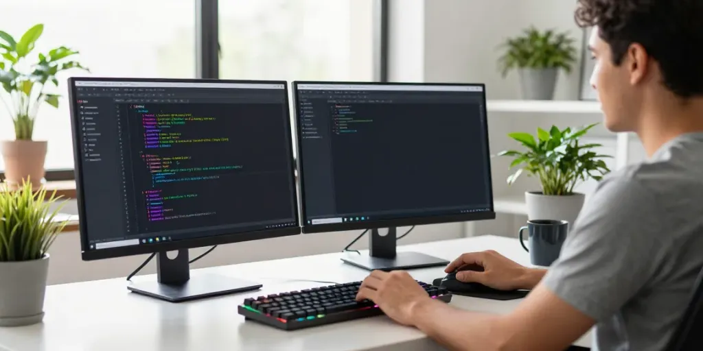 A programmer using Notepad++ in a modern office workspace with dual monitors, showcasing colorful code syntax highlighting.