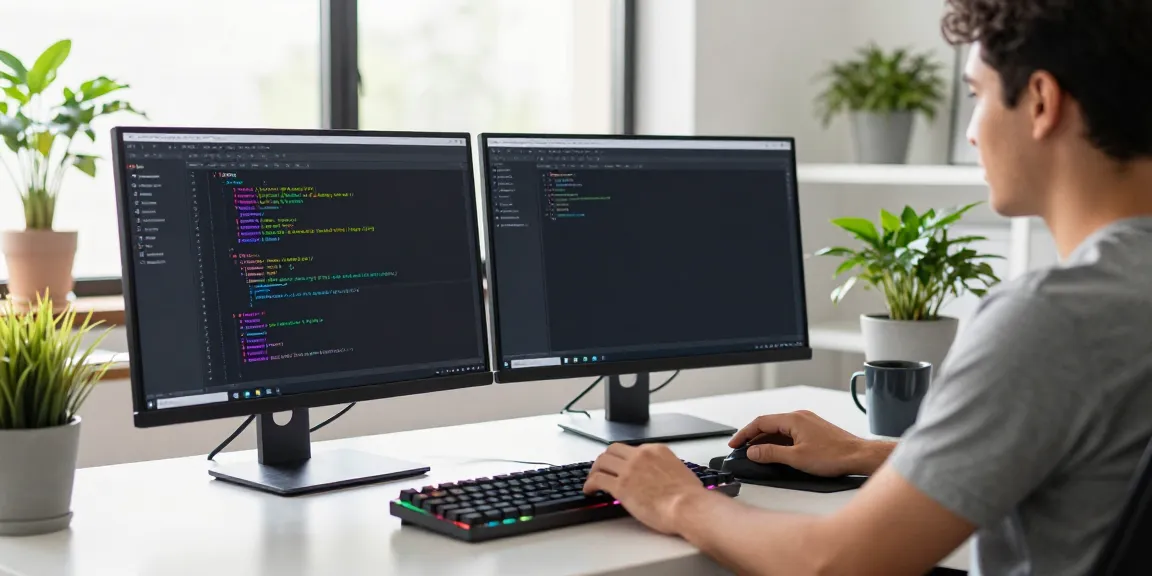 A programmer using Notepad++ in a modern office workspace with dual monitors, showcasing colorful code syntax highlighting.