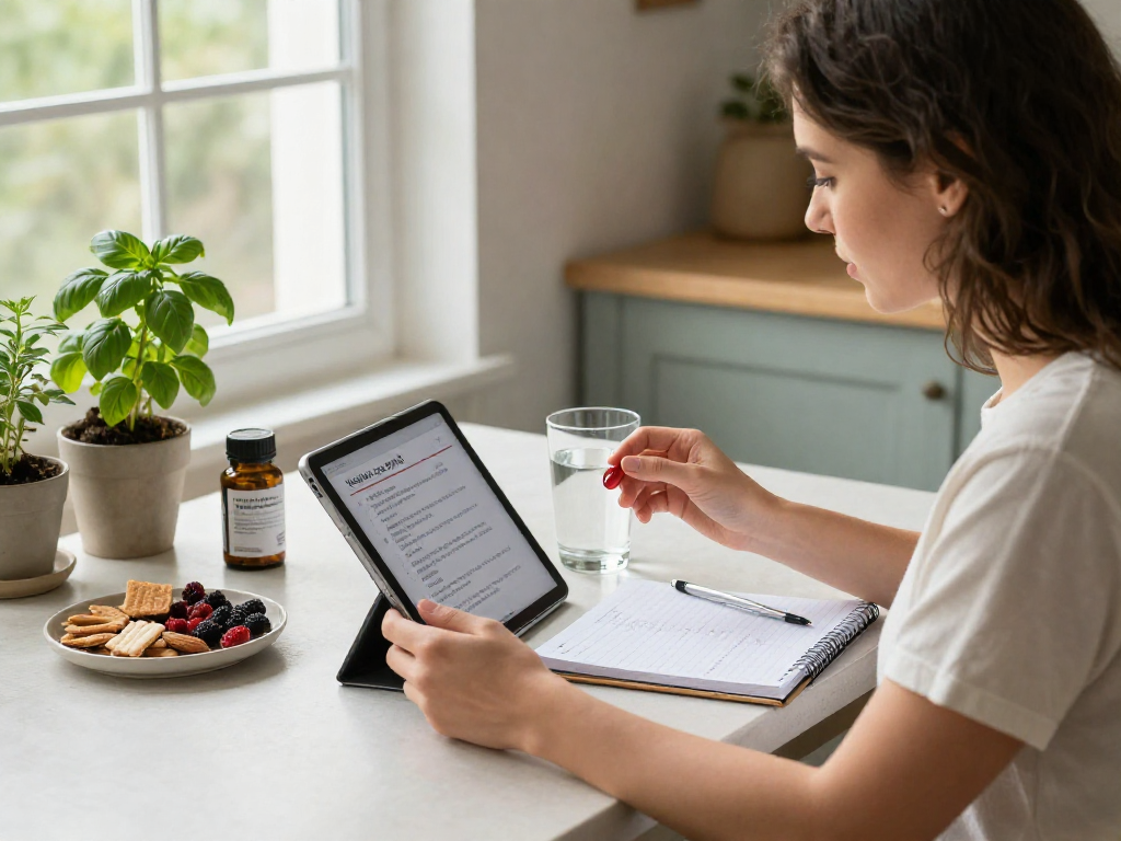 The woman explores astaxanthin softgels in her wellness-focused kitchen, highlighting a healthy lifestyle.