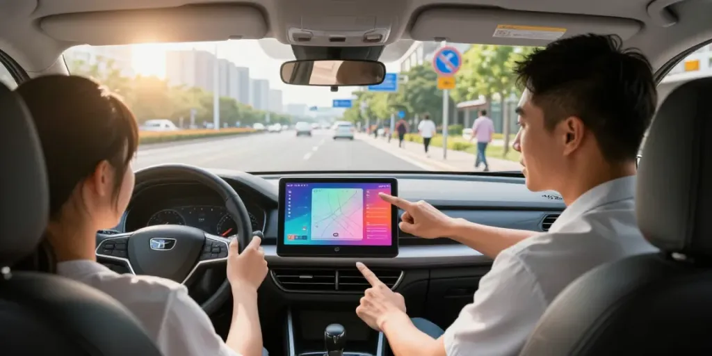 Driving lesson at автошкола кишинев with instructor and student in modern car, vibrant urban backdrop.