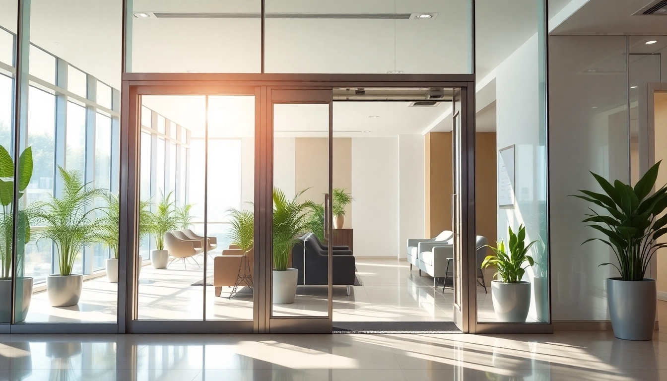 Elevate business access with Commercial Automatic Doors showcasing modern design and natural light.