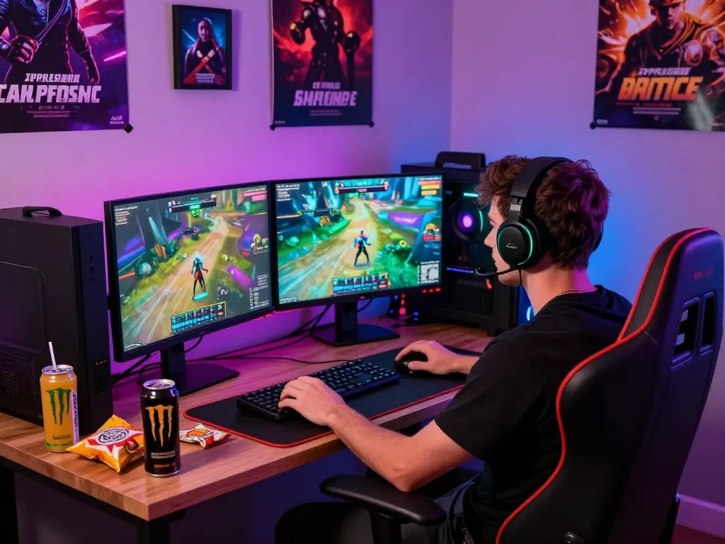 Player engaging with a real porn game on dual monitors, vibrant gaming setup.