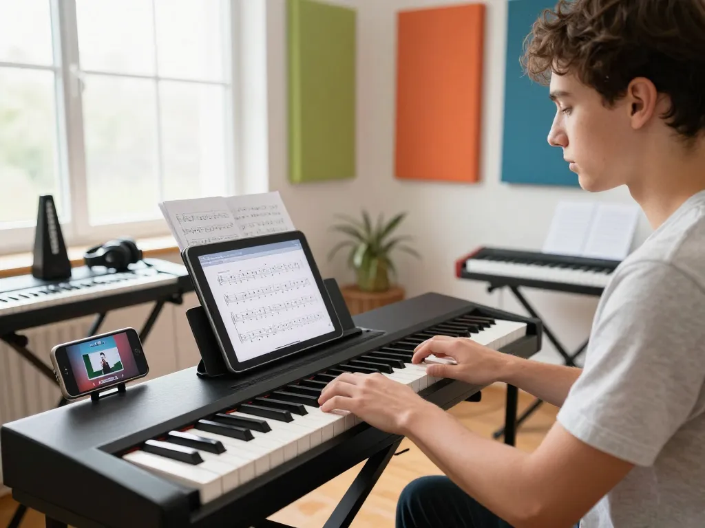 Explore the go 88 piano in a vibrant home studio, enhancing music learning.