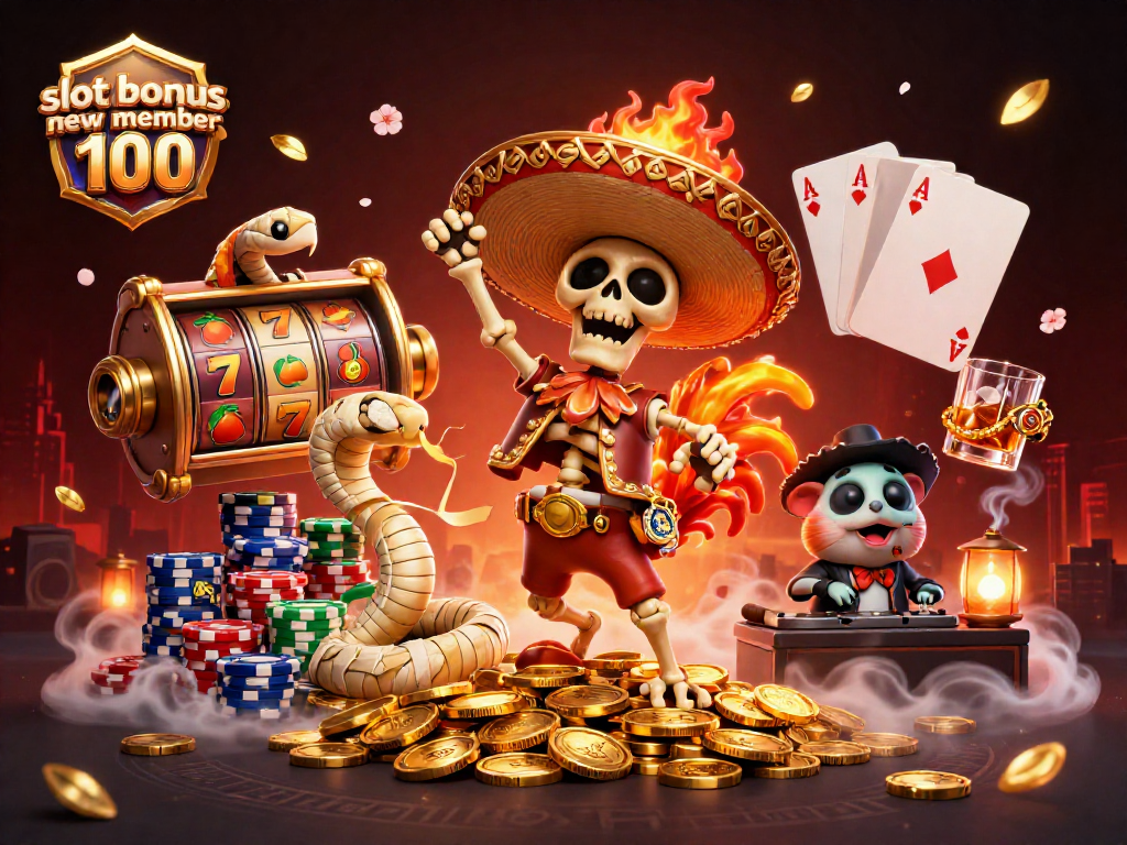 Celebrate wins with a dynamic scene of slot bonus new member 100 featuring a festive mariachi rooster and vibrant casino elements.