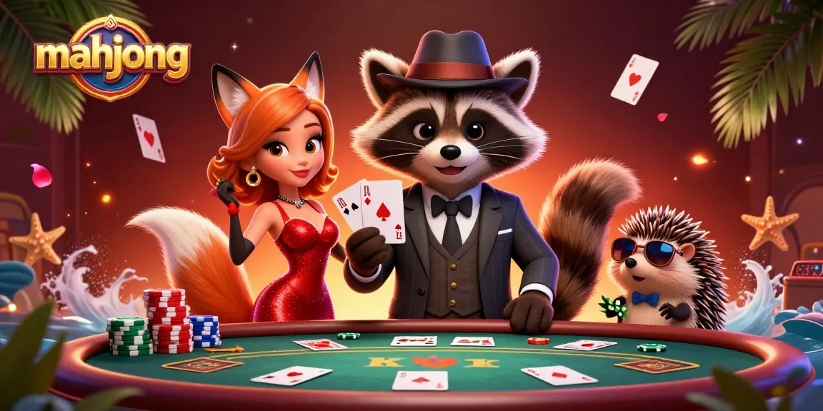 Experience Mahjong excitement with raccoon and fox characters enjoying a vibrant casino game.