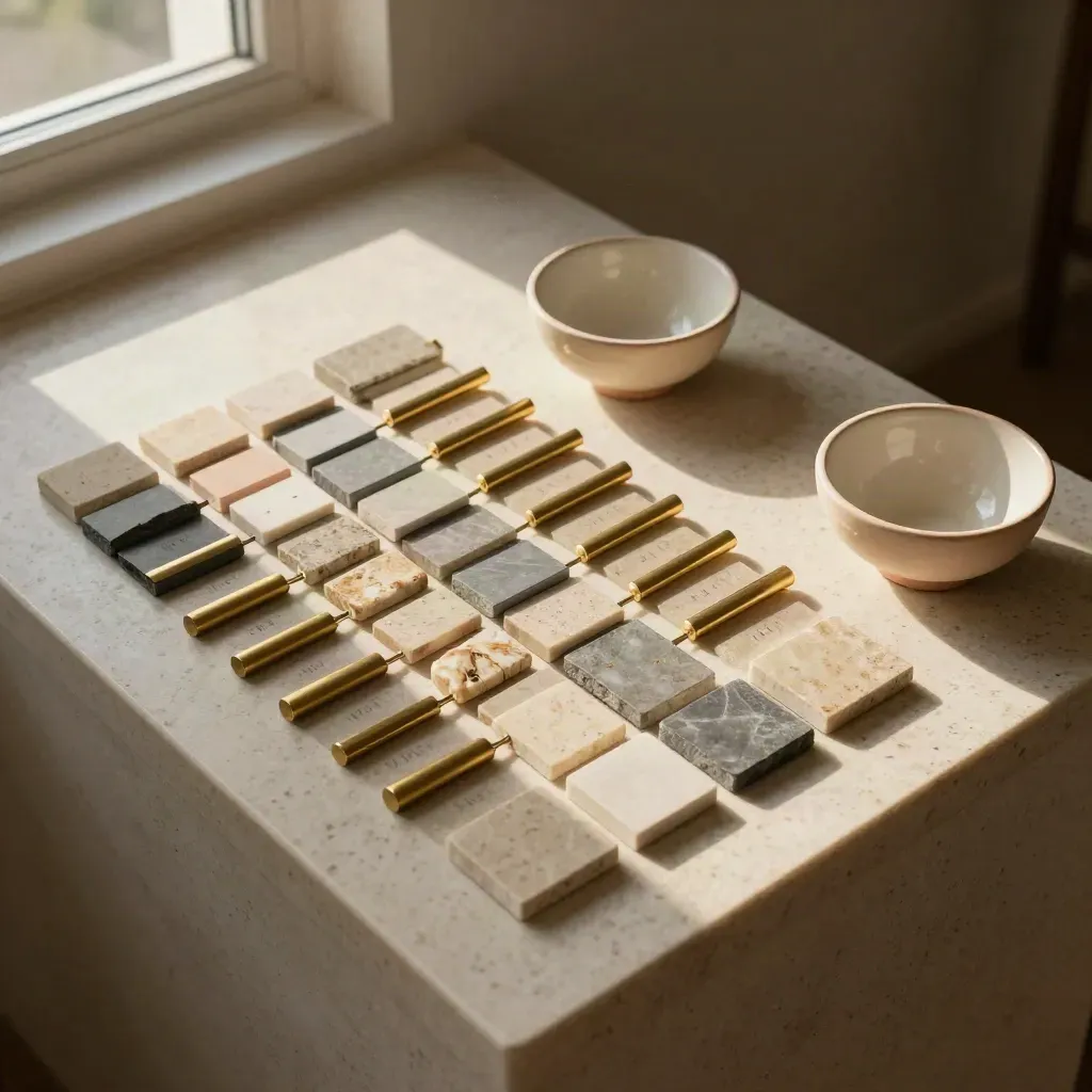 Stone quiz chips and brass markers with paired ceramic bowls on travertine.