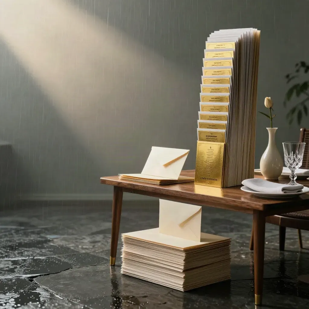 Moody matchmaking atelier with profile folders, match cards and a table set for two after rain.