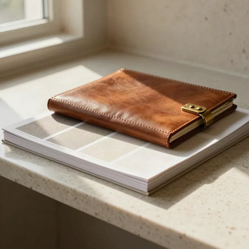 Carefully cropped image proofs, linen swatch book and leather portfolio on a pale stone counter.
