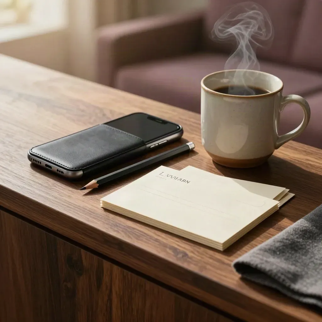 Face-down phone, pencil, reply cards and steaming mug on a walnut ledge.