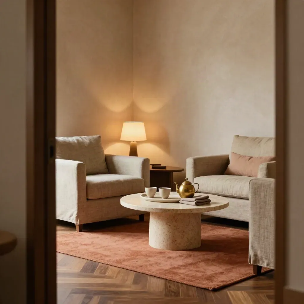 Two empty armchairs and a tea tray in a warm lounge nook with a glowing lamp.