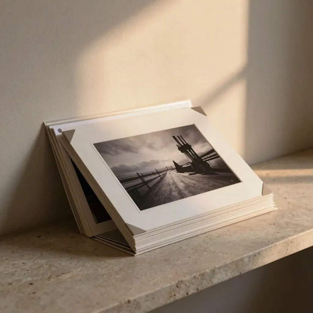 Stacked photo proofs on a stone ledge in warm window light, one print pulled forward.