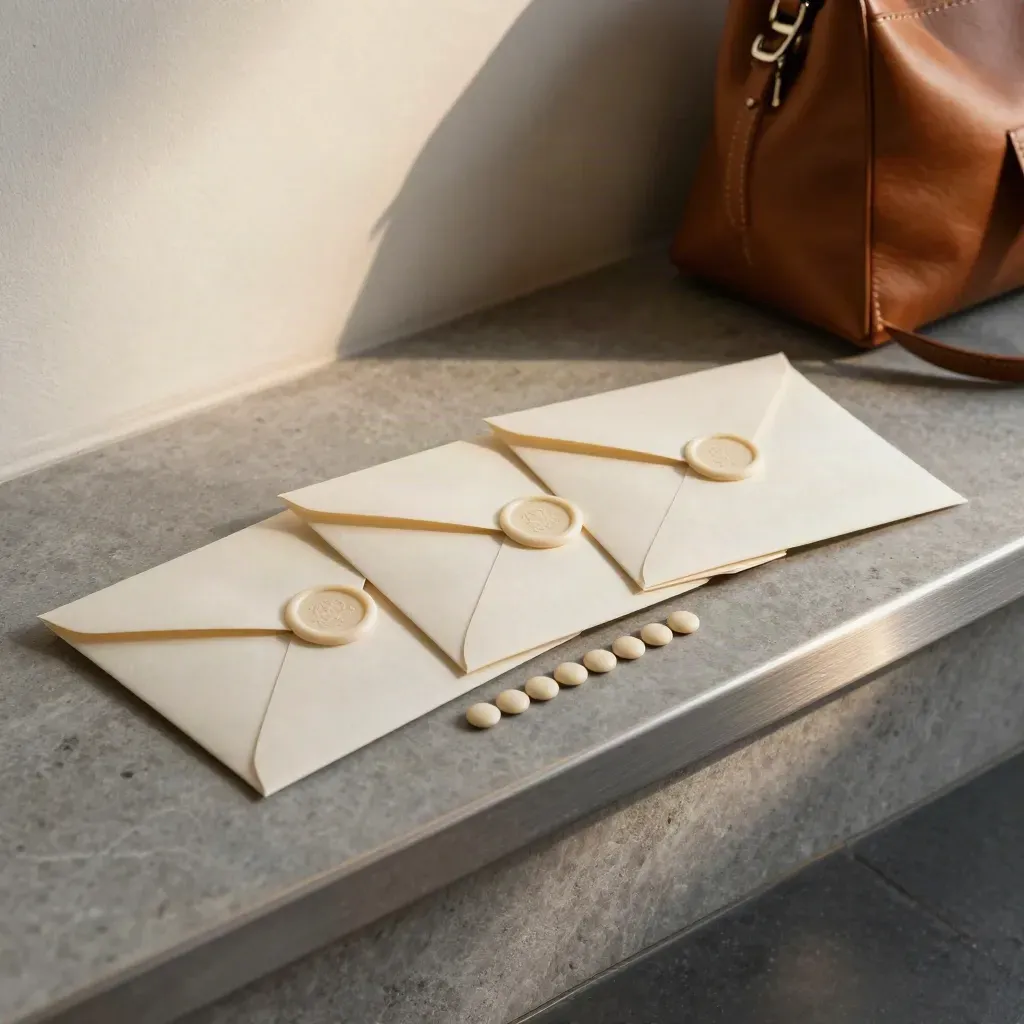 Three date envelopes, a leather carry-all, and match tokens on a stone ledge.