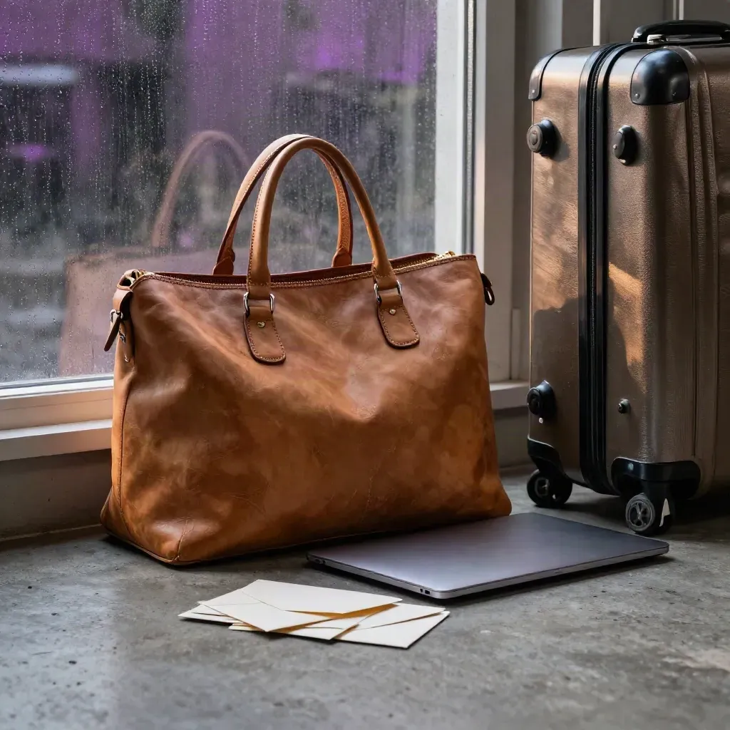 Travel tote, closed laptop, match envelopes, and suitcase by a window in dramatic late-afternoon light.