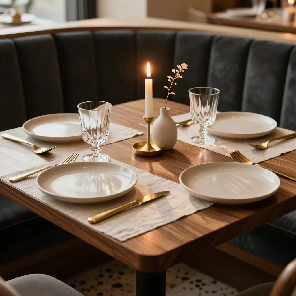 Finished restaurant table for two with candle, vase, plates, and glasses