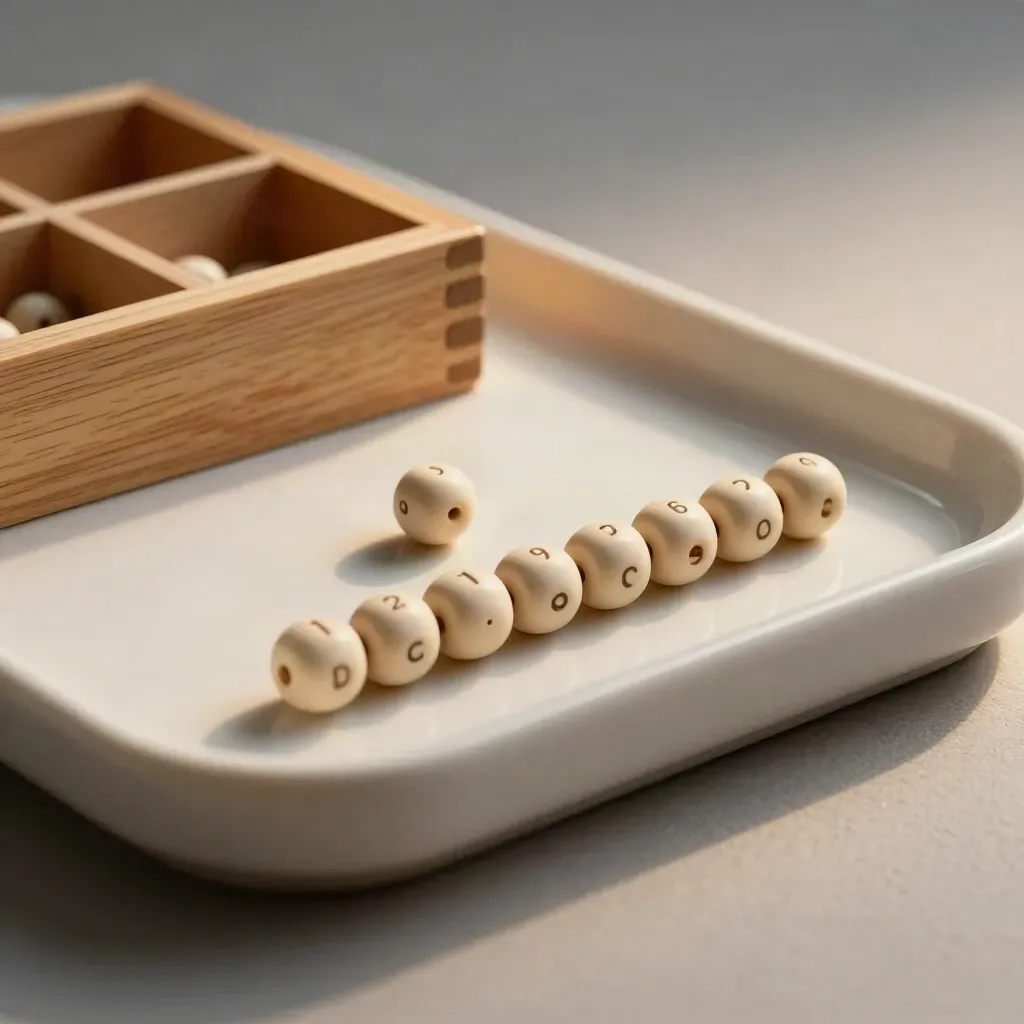 Beads sorted in a tray beside a wooden sort box and ceramic dish