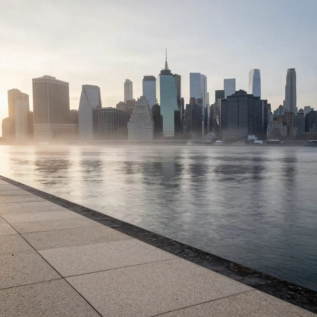 Manhattan skyline over calm Hudson River in dawn mist with pale stone waterfront