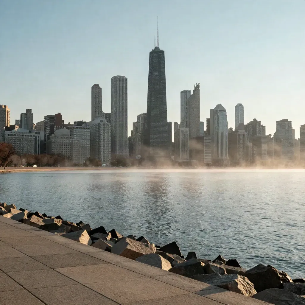 Chicago skyline above a misty lakefront at golden hour