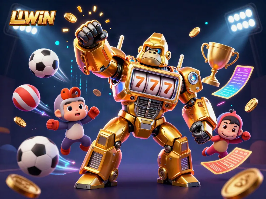 LLWIN showcases dynamic casino excitement with a golden gorilla mech celebrating wins and sports.