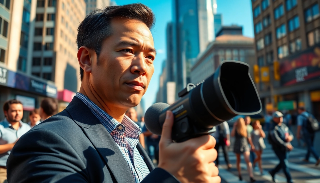 Engaging news reporter capturing major news stories in an urban center.