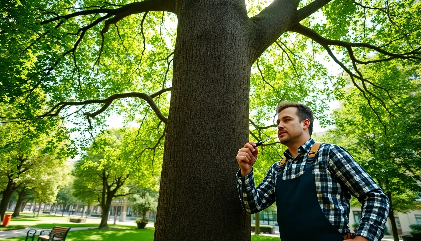 Tree Consultancy professional assessing tree health with tools in a park environment.
