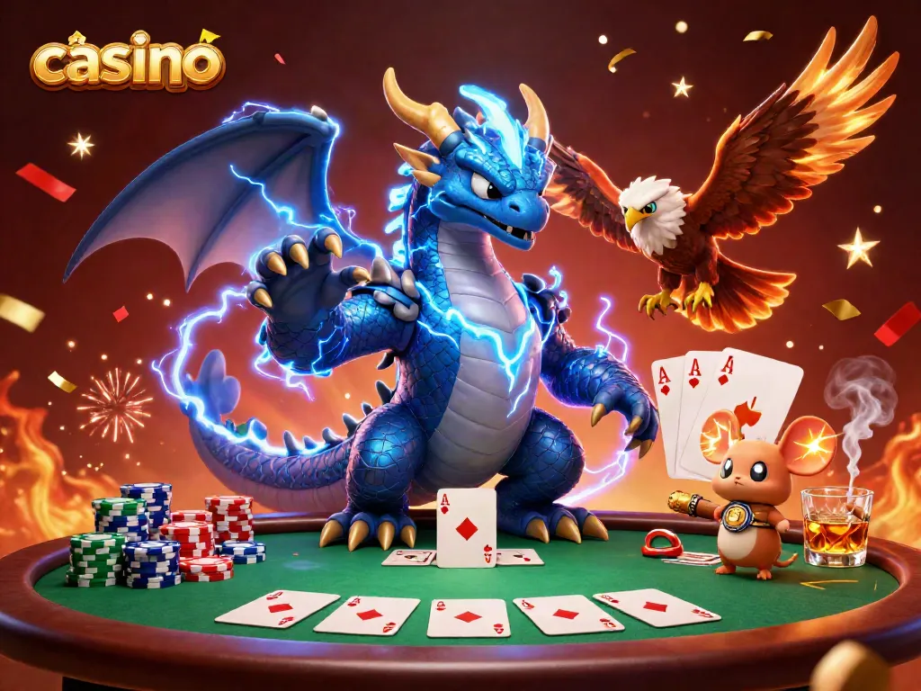 Engaging casino scene featuring powerful characters surrounded by poker elements and celebratory effects.