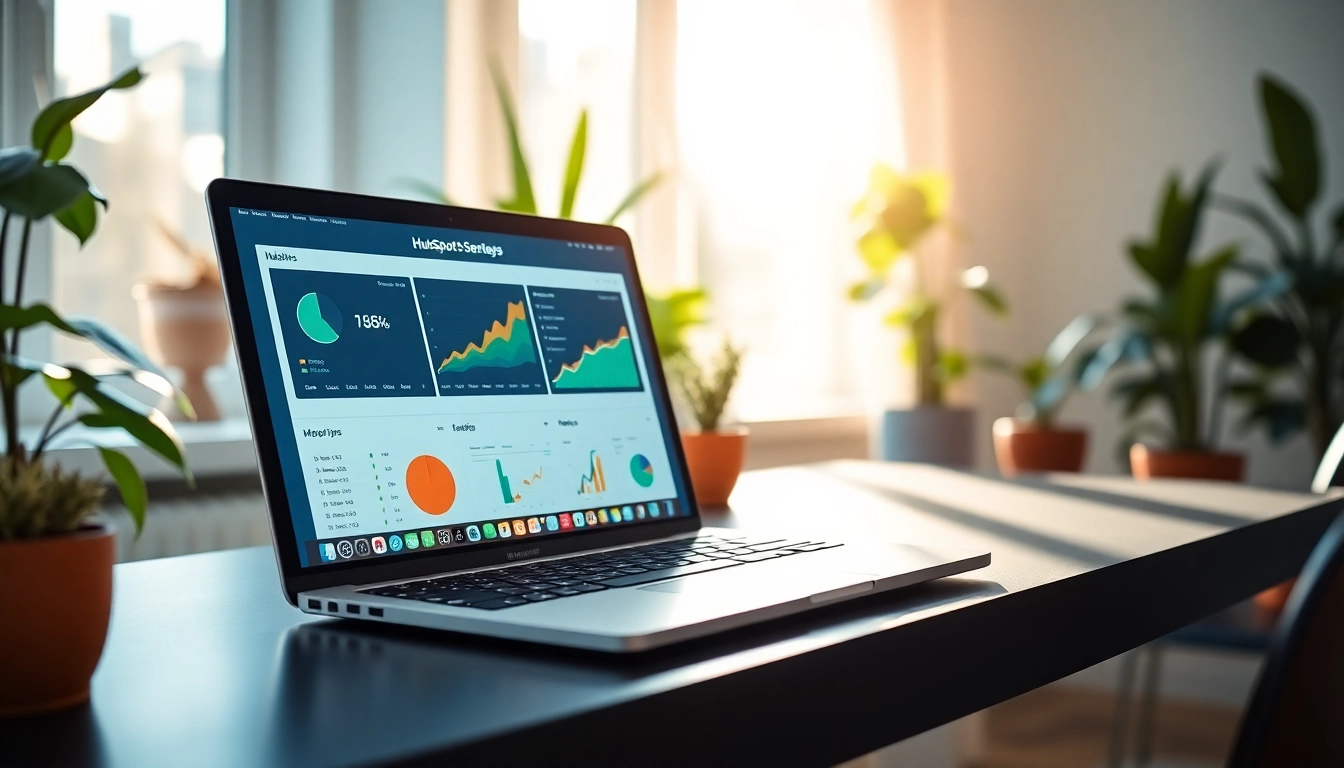 Visualize a workspace with hubspot free analytics, showcasing a laptop, charts, and a productive environment.