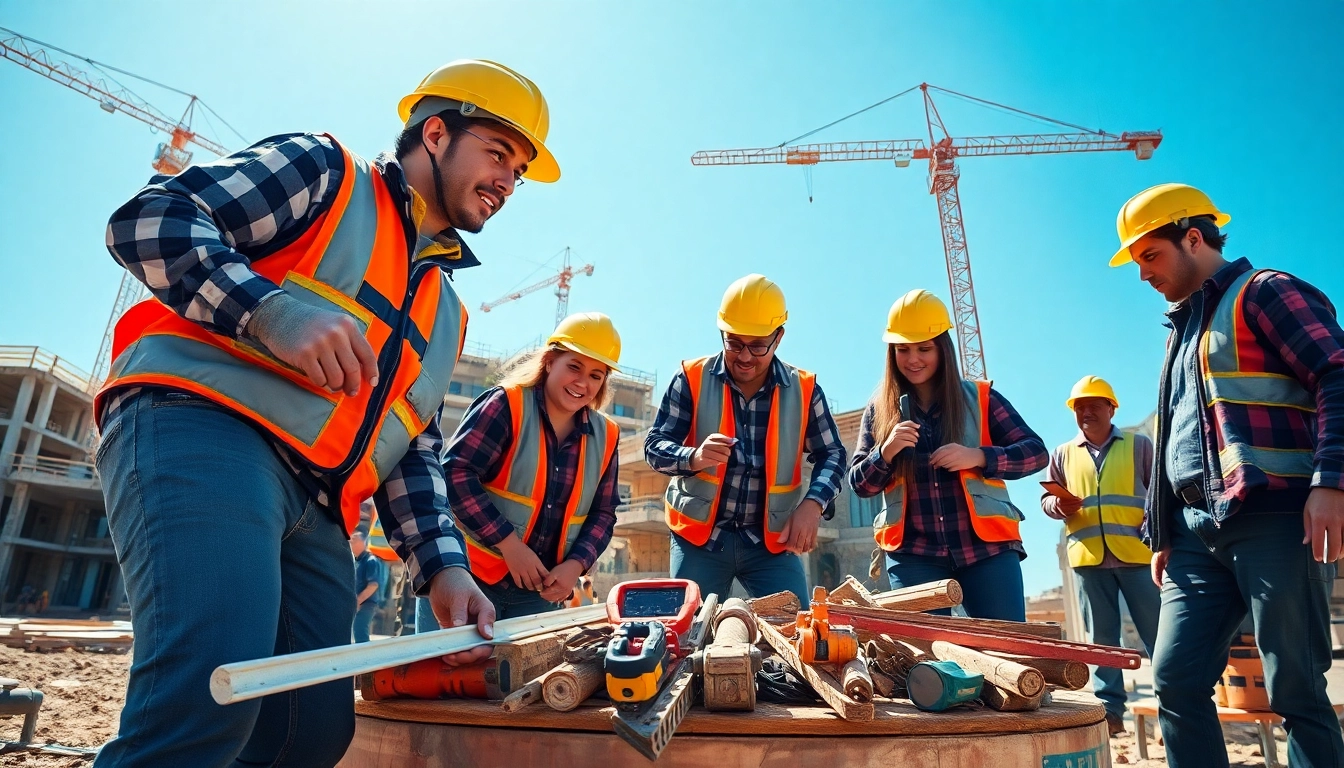 Construction apprenticeship at work site with diverse individuals collaborating using tools.