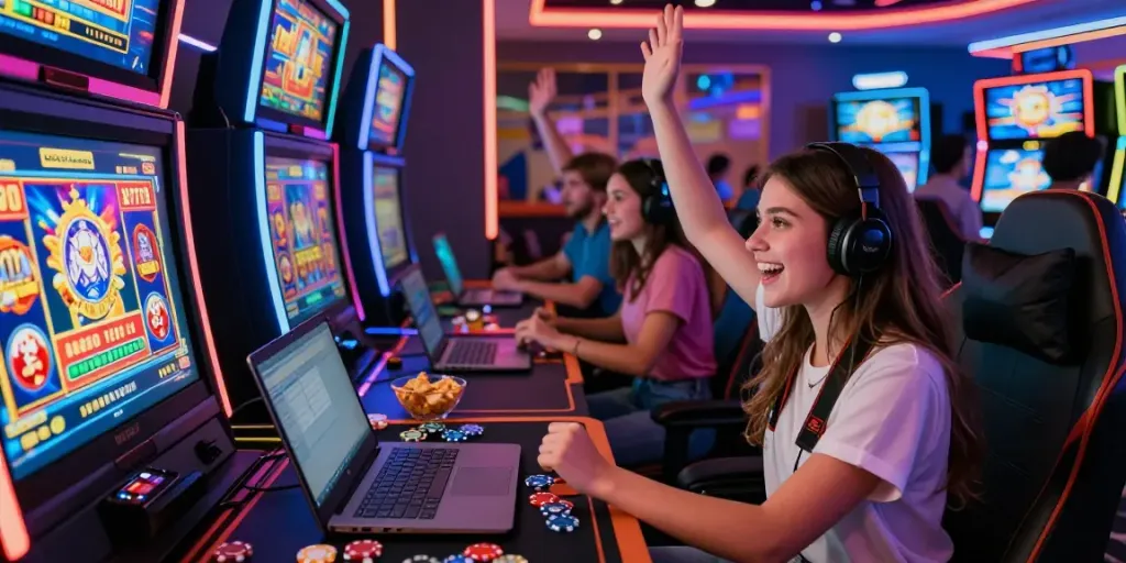 Suasana permainan slot777 yang menegangkan dengan pemain merayakan kemenangan di kasino digital.