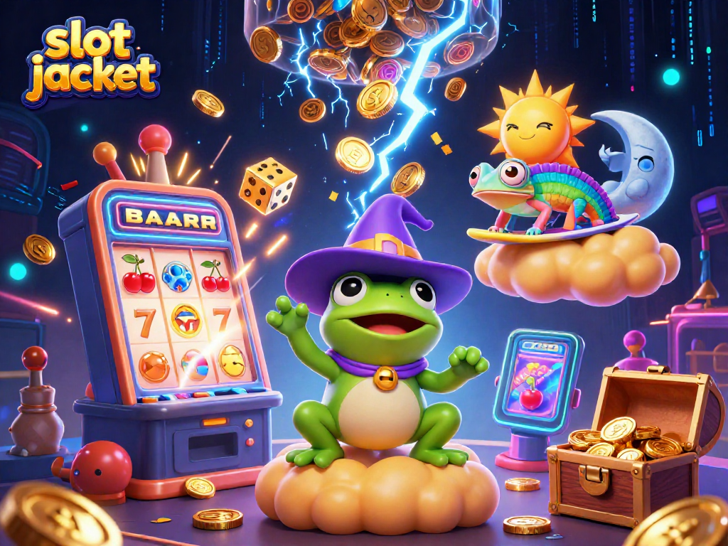 Experience big wins with slot jackpot as the wizard frog unleashes golden coins in this vibrant casino scene.