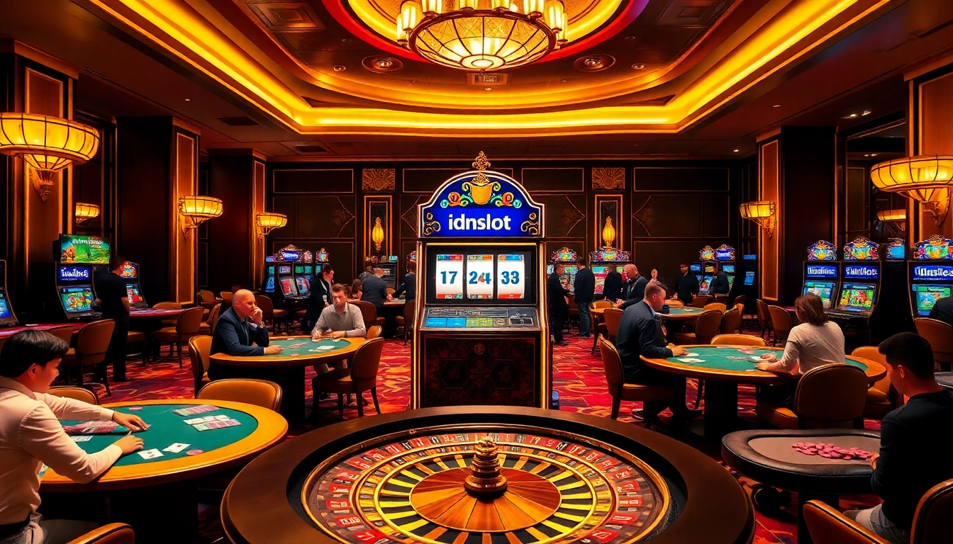 Experience the thrill of idnslot in a luxurious casino atmosphere with vibrant slot machines.