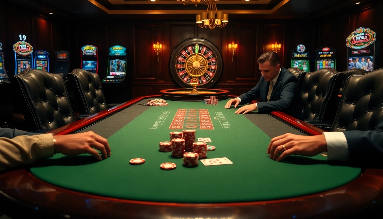 Engaging poker game scene at ta88 club showcasing chips, cards, and a roulette wheel with a luxurious ambiance.