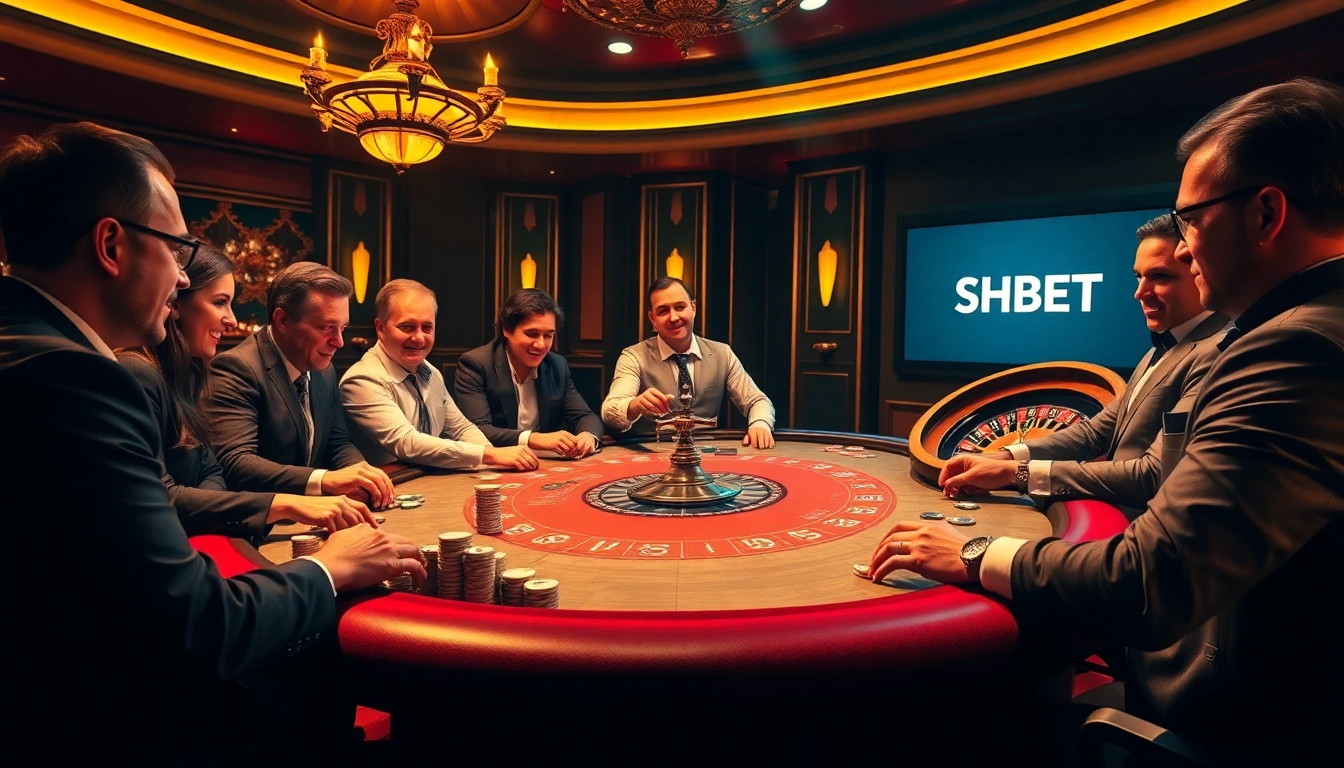 Exciting poker scene featuring SHBET, showcasing players, chips, and a roulette wheel.
