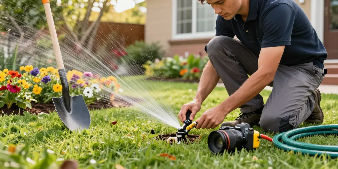 Professional Irrigation Services in Azle, TX, showcasing a technician repairing a sprinkler system in a vibrant garden.