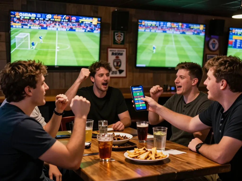 Friends celebrating a sports bet win on 888top mobile app in a lively bar.