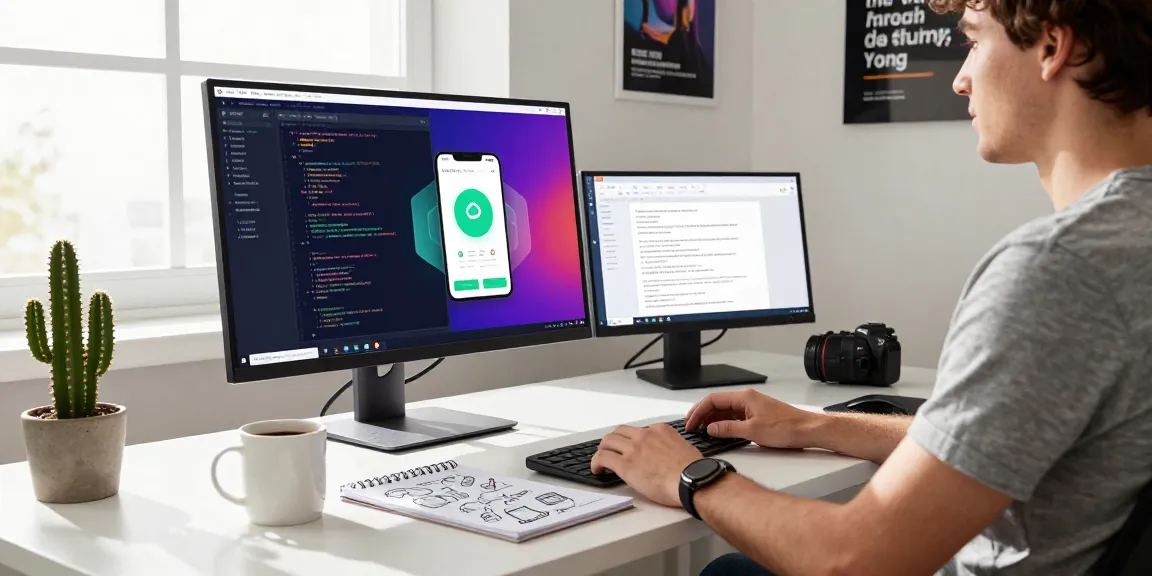 Learn Android Studio for beginners in a vibrant workspace with coding screens and design notes.