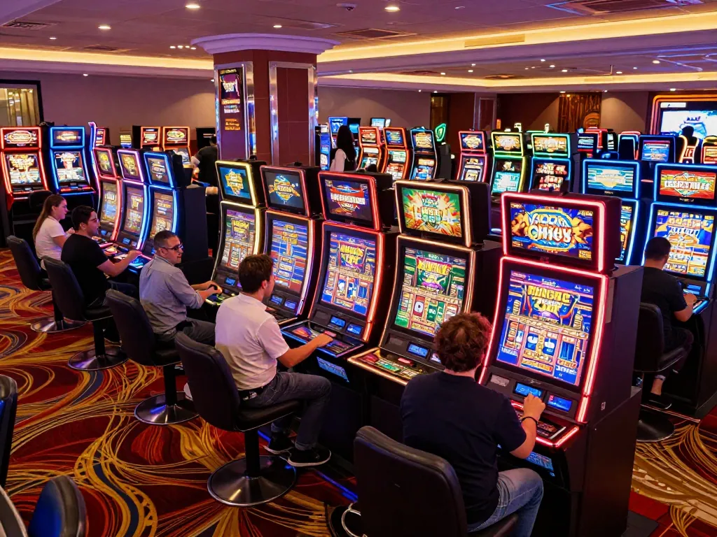 Experience the excitement of Link Slot Gacor at colorful slot machines in a vibrant casino