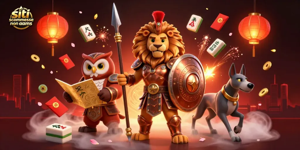 Scommetti nei siti scommesse non AAMS con un leone spartano e un gufo stratega in un'illustrazione animata.