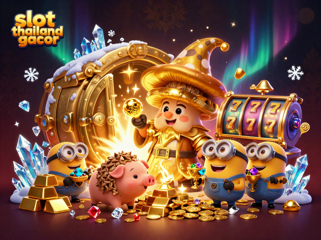 Engage with slot thailand gacor in this vibrant scene of a golden wizard and treasure amid colorful slot elements.