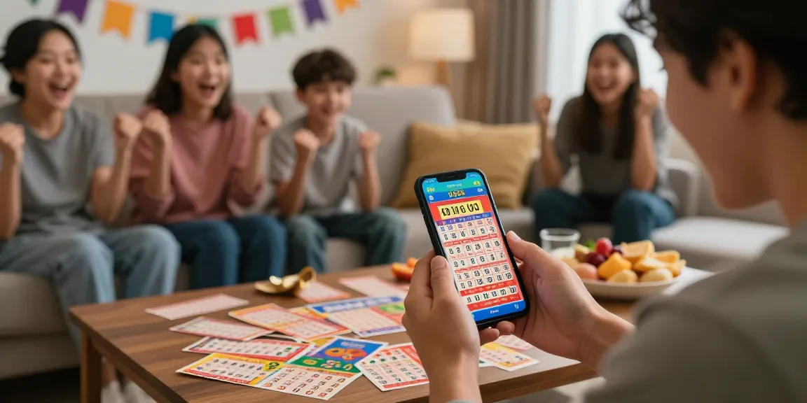 Menampilkan coloksgp daftar dengan semangat, orang memeriksa hasil undian di smartphone di tengah kegembiraan keluarga.