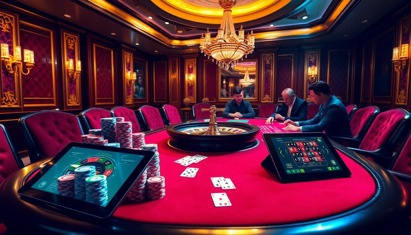Expérience de jeu palpitante à une table de casino fiable en ligne avec des jetons de poker colorés et une décoration luxueuse.