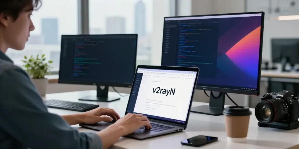 v2rayN官网 usage in a modern tech workspace with developer at a laptop