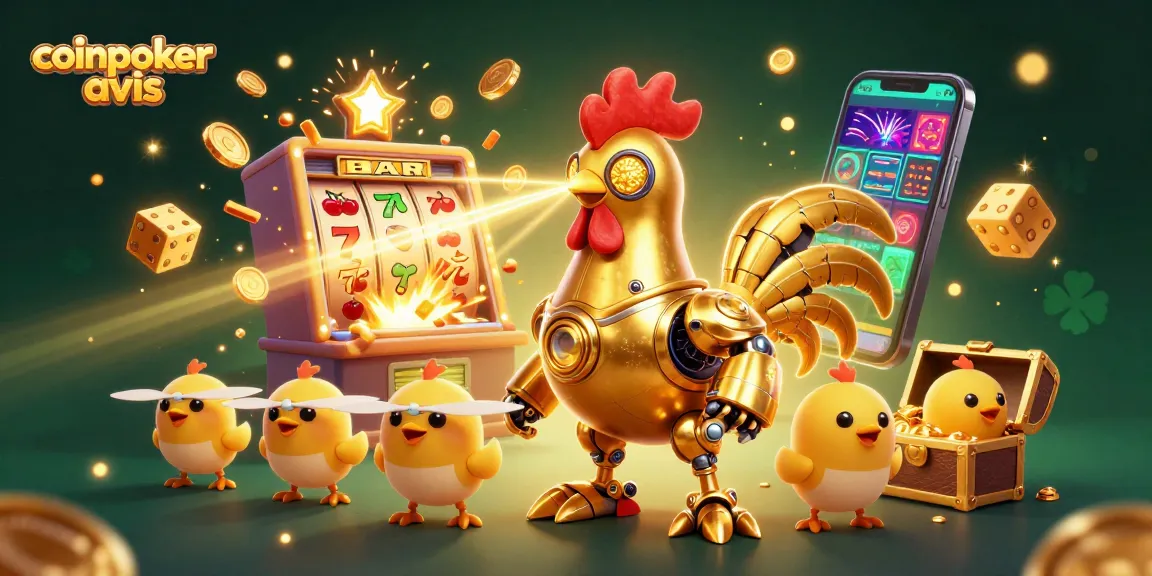 coinpoker avis: découvrez un visuel dynamique avec un robot coq doré et des drones, symbolisant le poker en ligne.