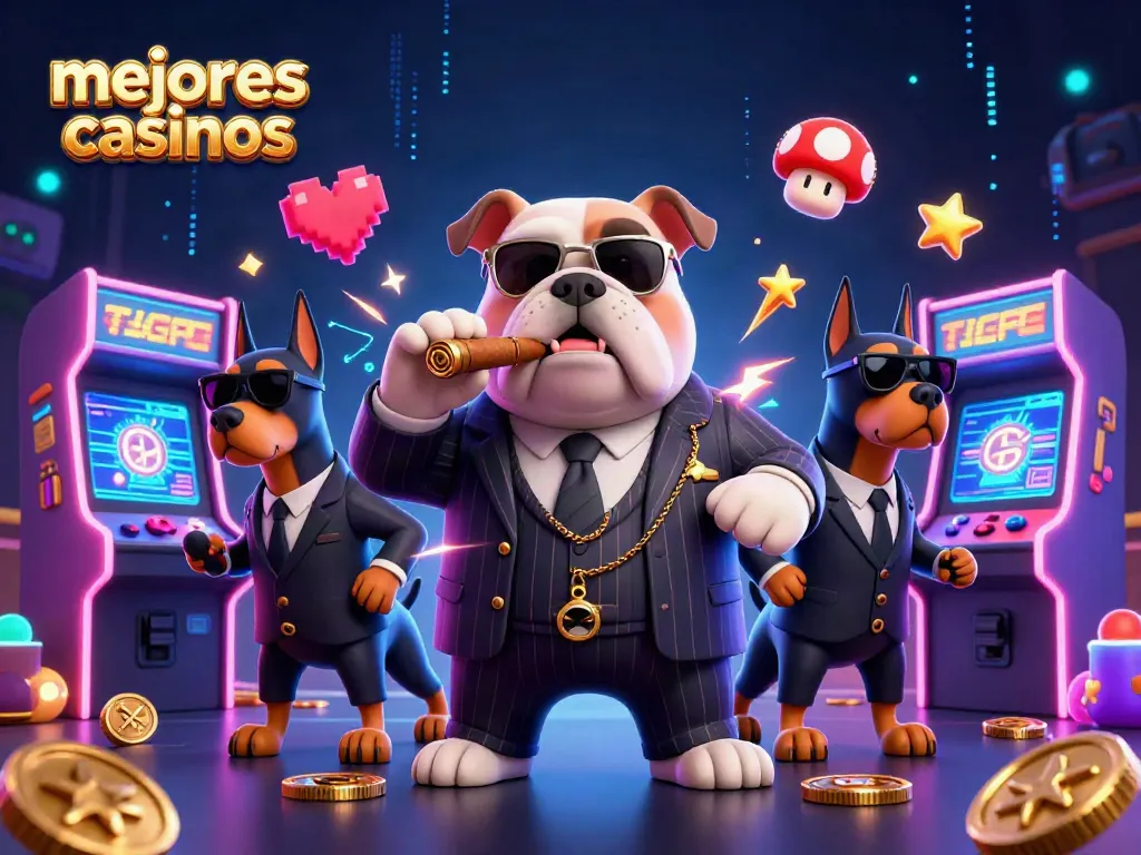 Descubre los mejores casinos interactuando con un perro bulldog mafia y sus guardaespaldas.