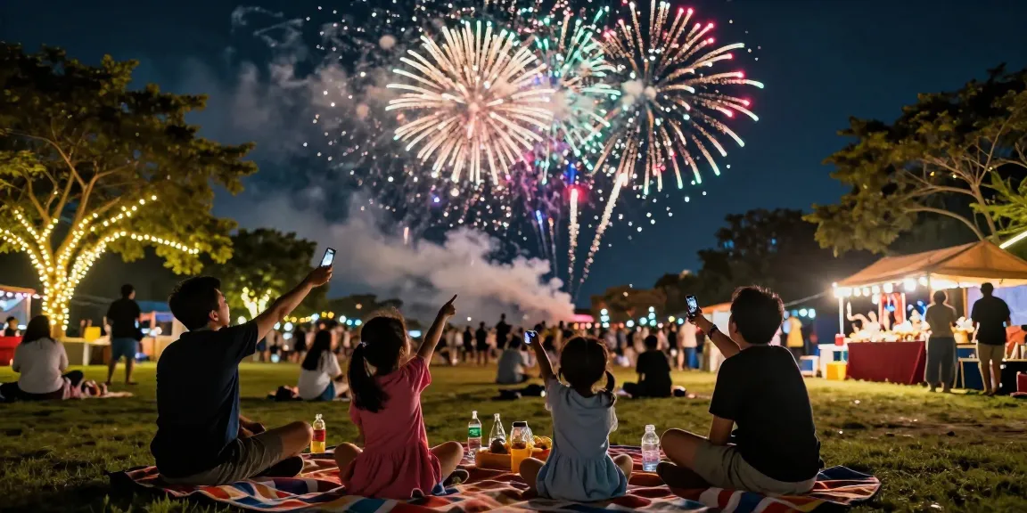 Families enjoying a nighttime fireworks display with fireworks for sale at a festive gathering.