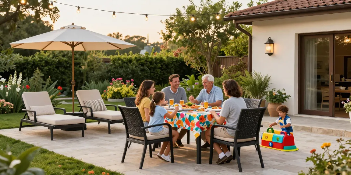 Gathering around outdoor patio furniture in a beautiful garden setting during golden hour.