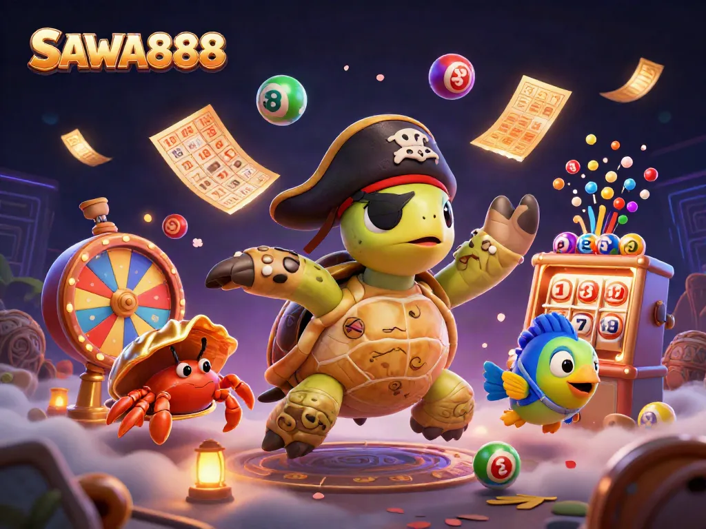 Experience the thrilling world of SAWA888 as cartoon characters celebrate a colorful lottery action scene.