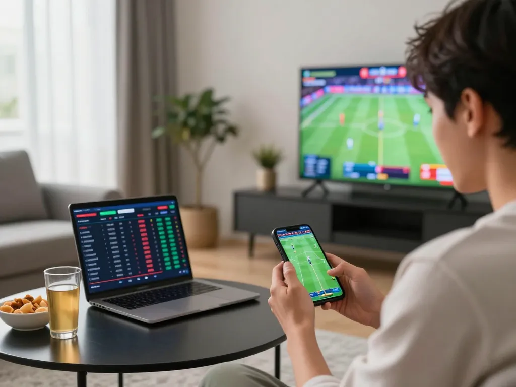 Engaging in real-time sports betting with 8kbetbh app on smartphone in a modern living room